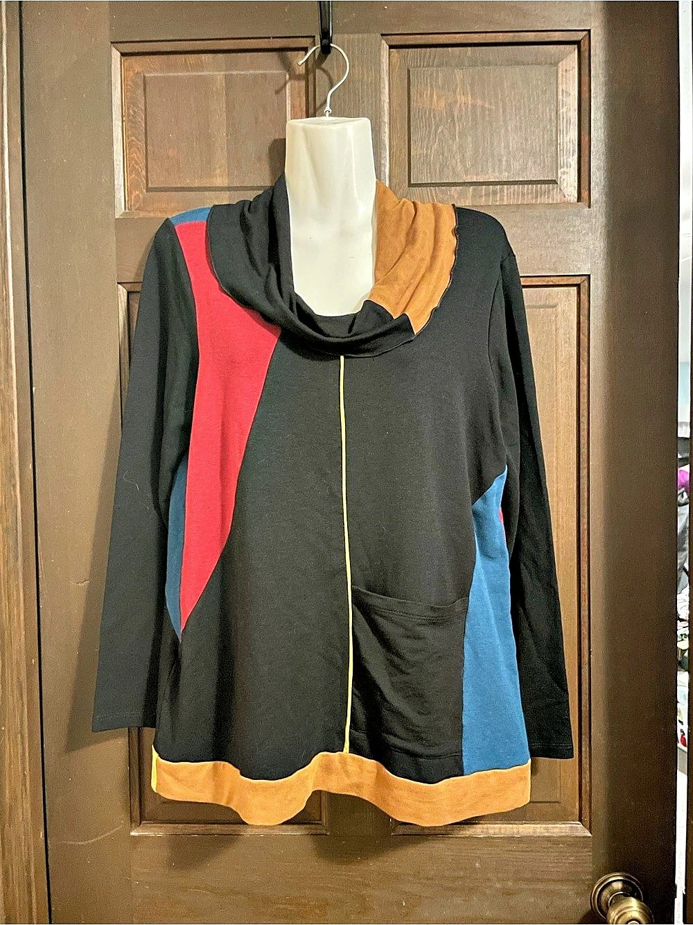 PURE essence Color Block Cowl Neck Tunic in Black & Blue Medium
